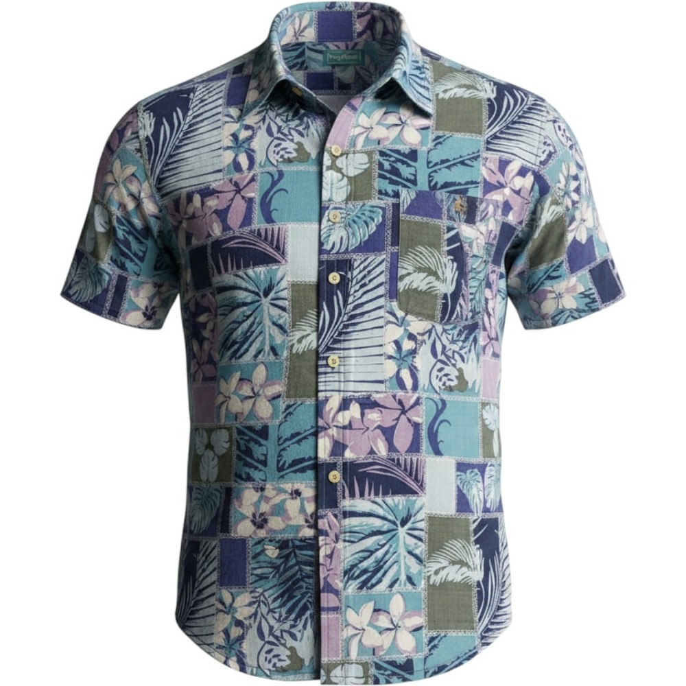 VTG Tropicool Hawaiian Shirt Mens 3XL Blue Patchwork Floral‎ Short Sleeve Button